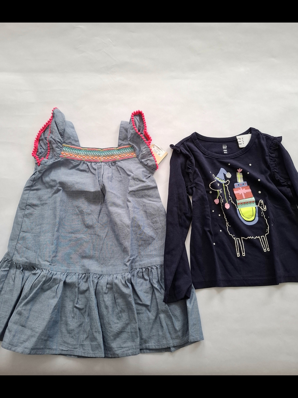 Cherokee Girls Blue Sundress With Pompoms & GAP Navy Llama Graphic Tee Set SZ 3
